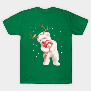 Little Girl Hugging Dog in Reindeer Antlers T-Shirt